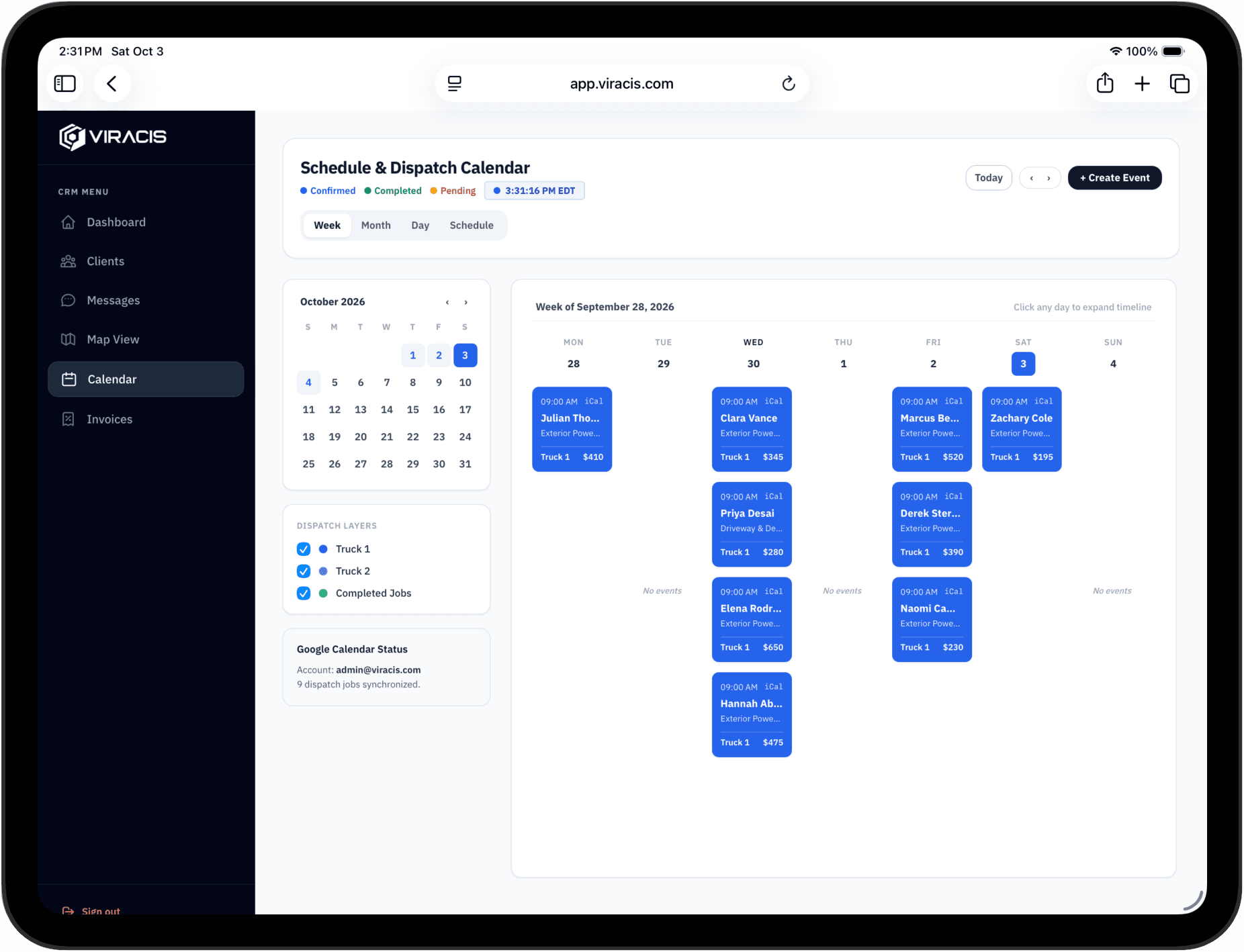 Viracis Multi-Fleet Schedule and Dispatch Calendar Week View on iPad