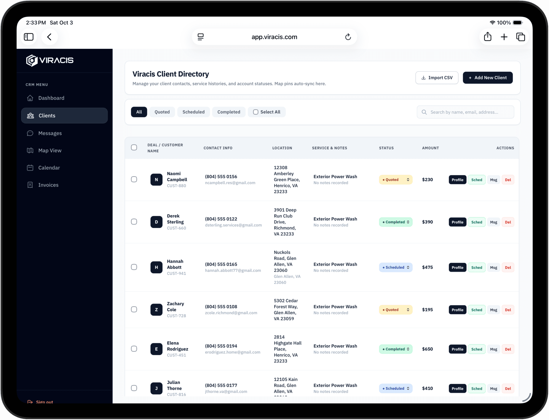 Viracis Client Directory and Customer CRM Table on iPad