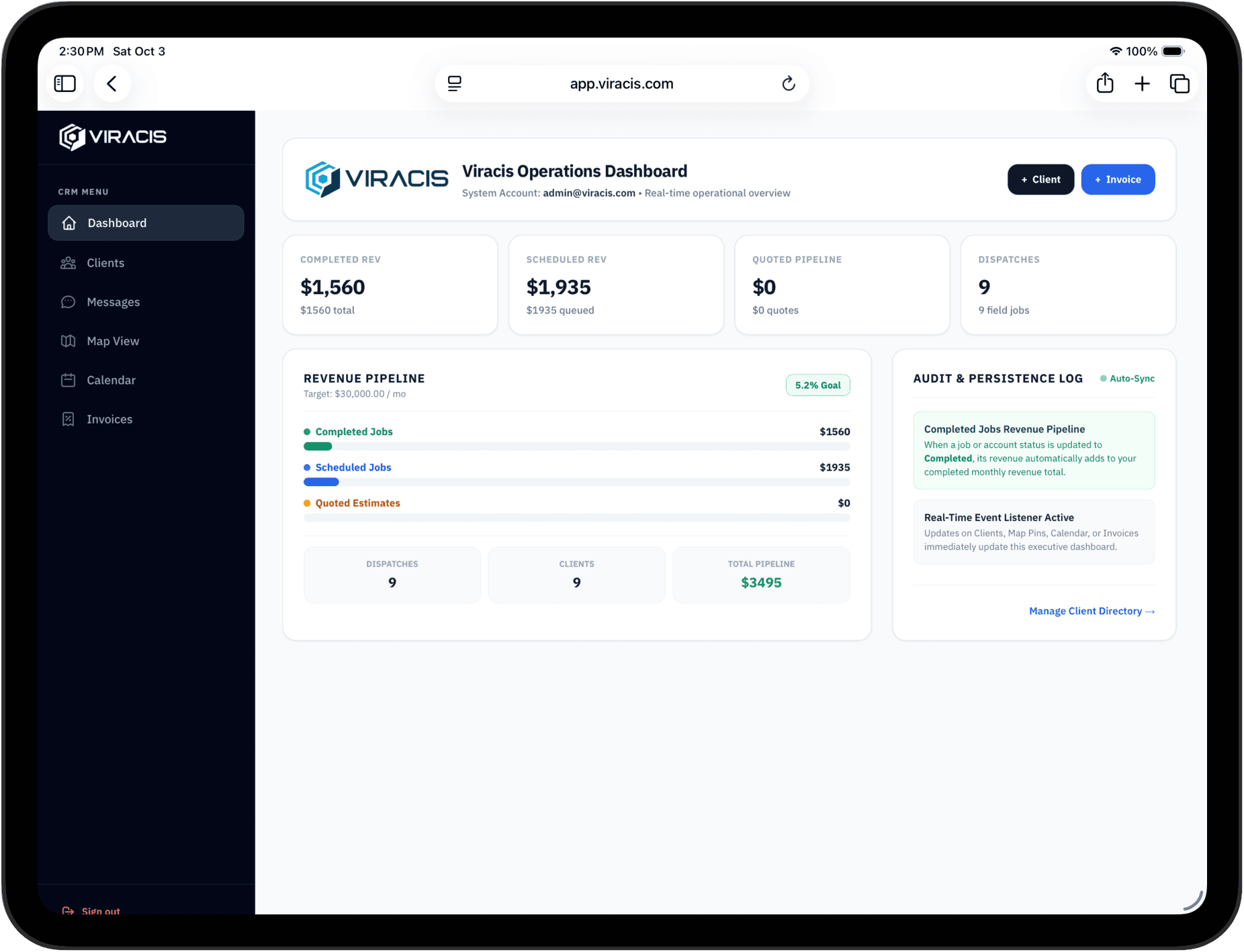 Viracis Operations Dashboard on iPad