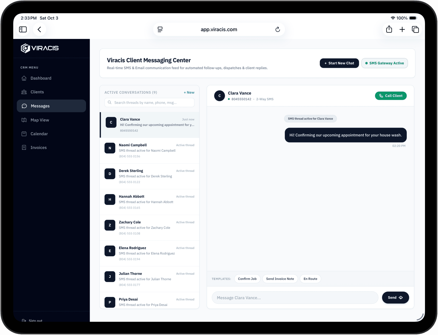 Viracis Client Messaging Center and Two-Way SMS Feed on iPad