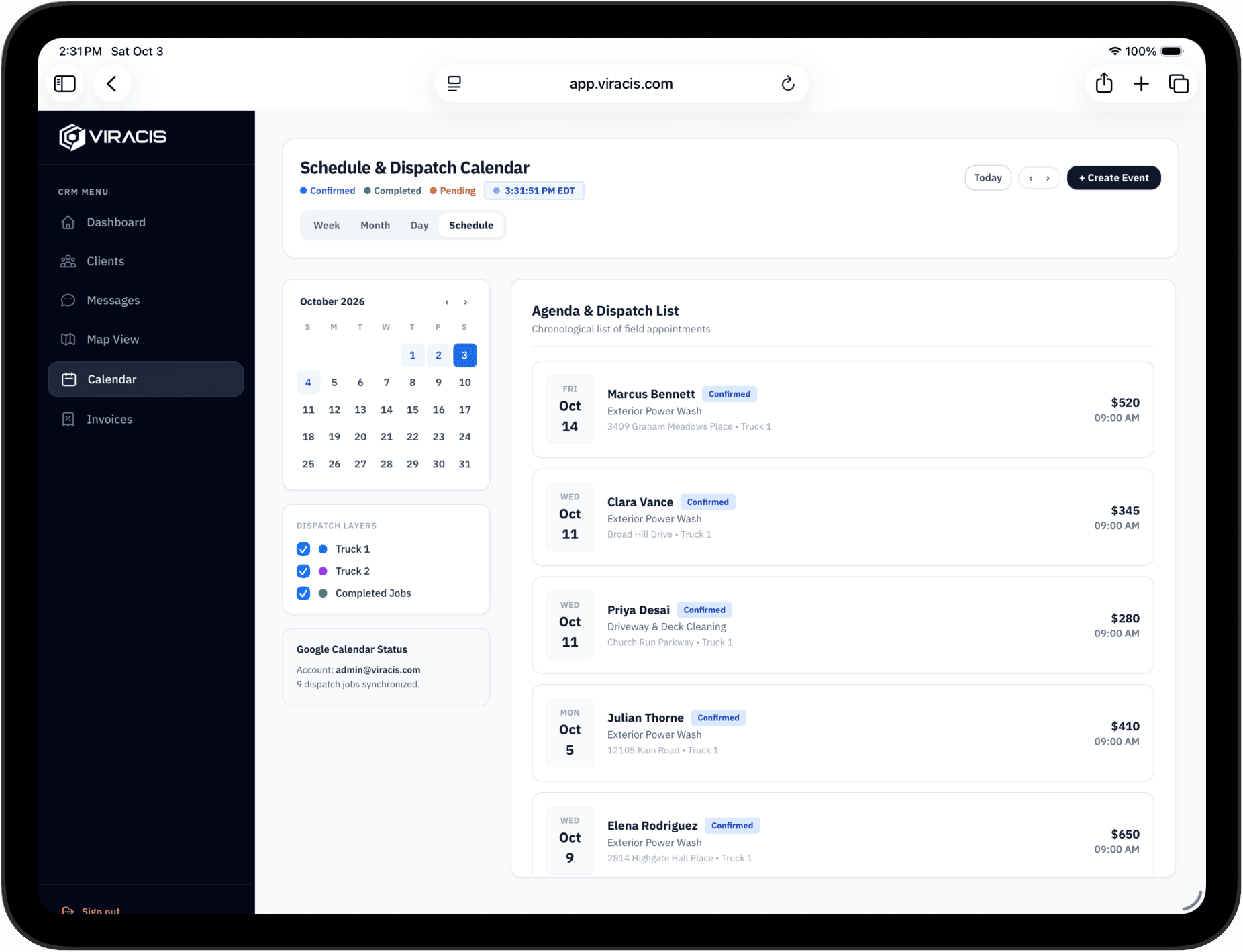 Viracis Schedule & Dispatch Calendar on iPad