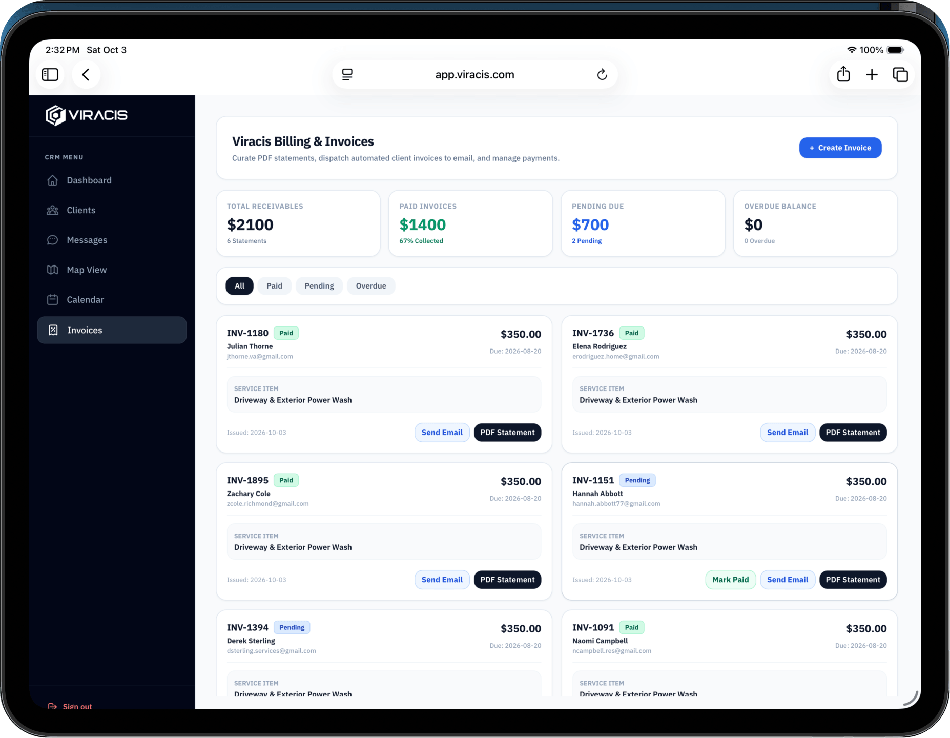 Viracis CRM Invoicing & Payment Processing on iPad