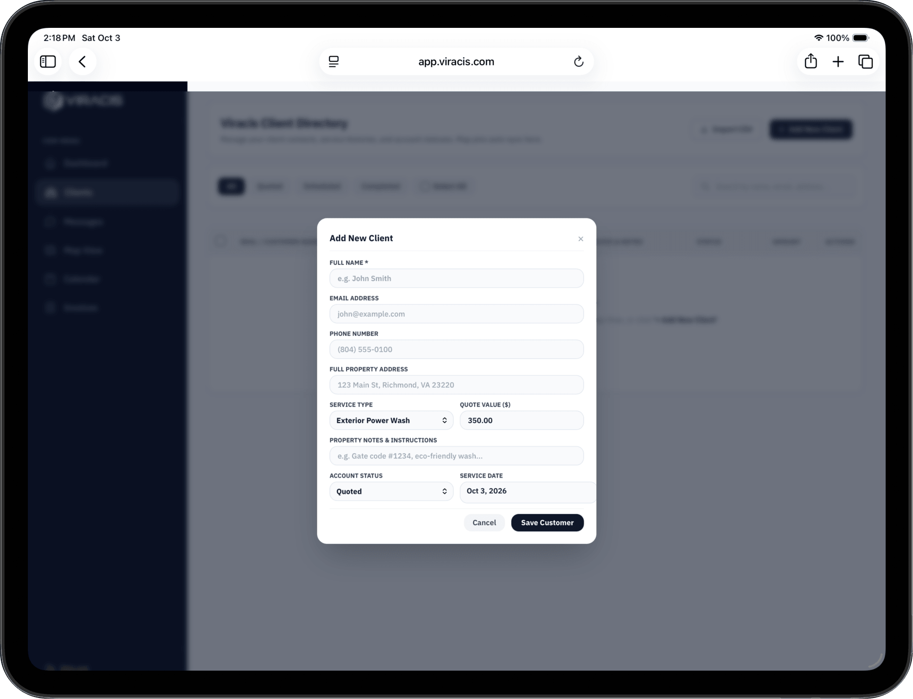 Viracis CRM Client Profile & Scheduling on iPad